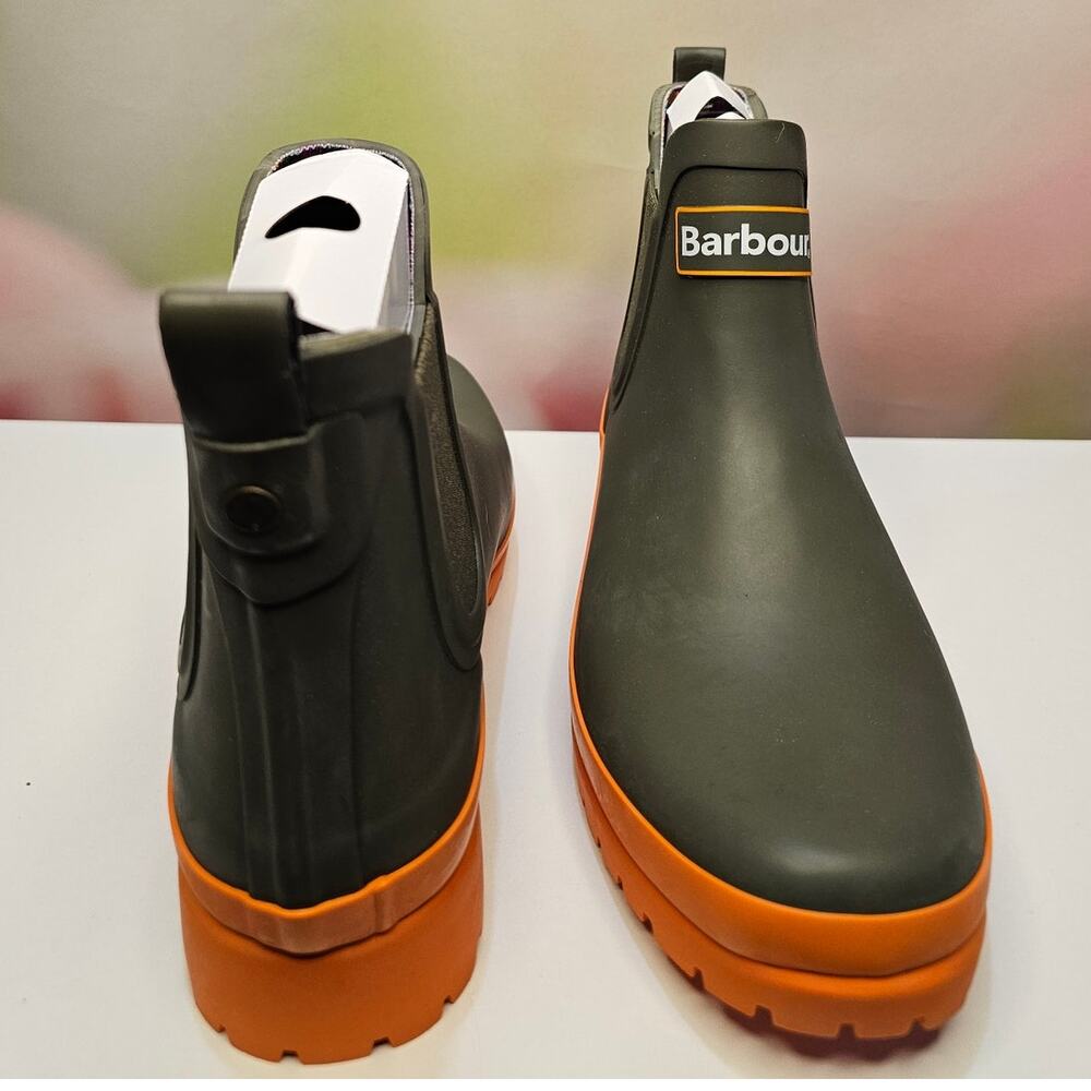 Barbour Olive Green and Orange Chelsea Rain Boots - Picture 5 of 9